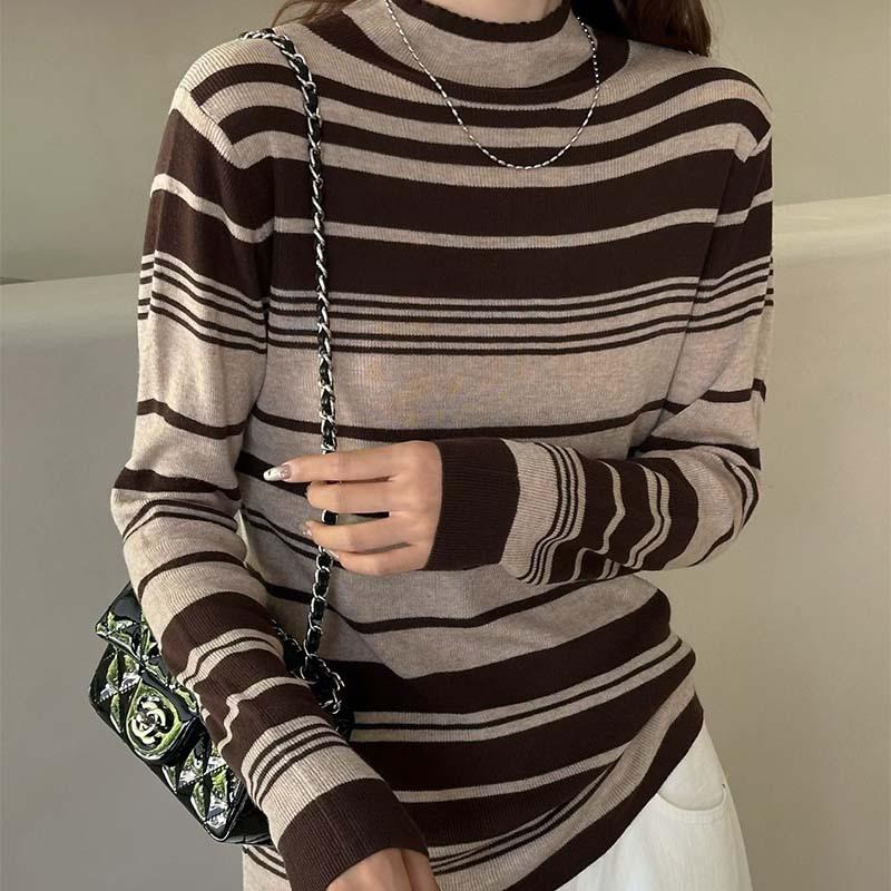 

Design sense lace semi-turtleneck contrasting color inner knitted sweater women s early autumn new, slim and thin age-reducing bottoming shirt 120 кофейный