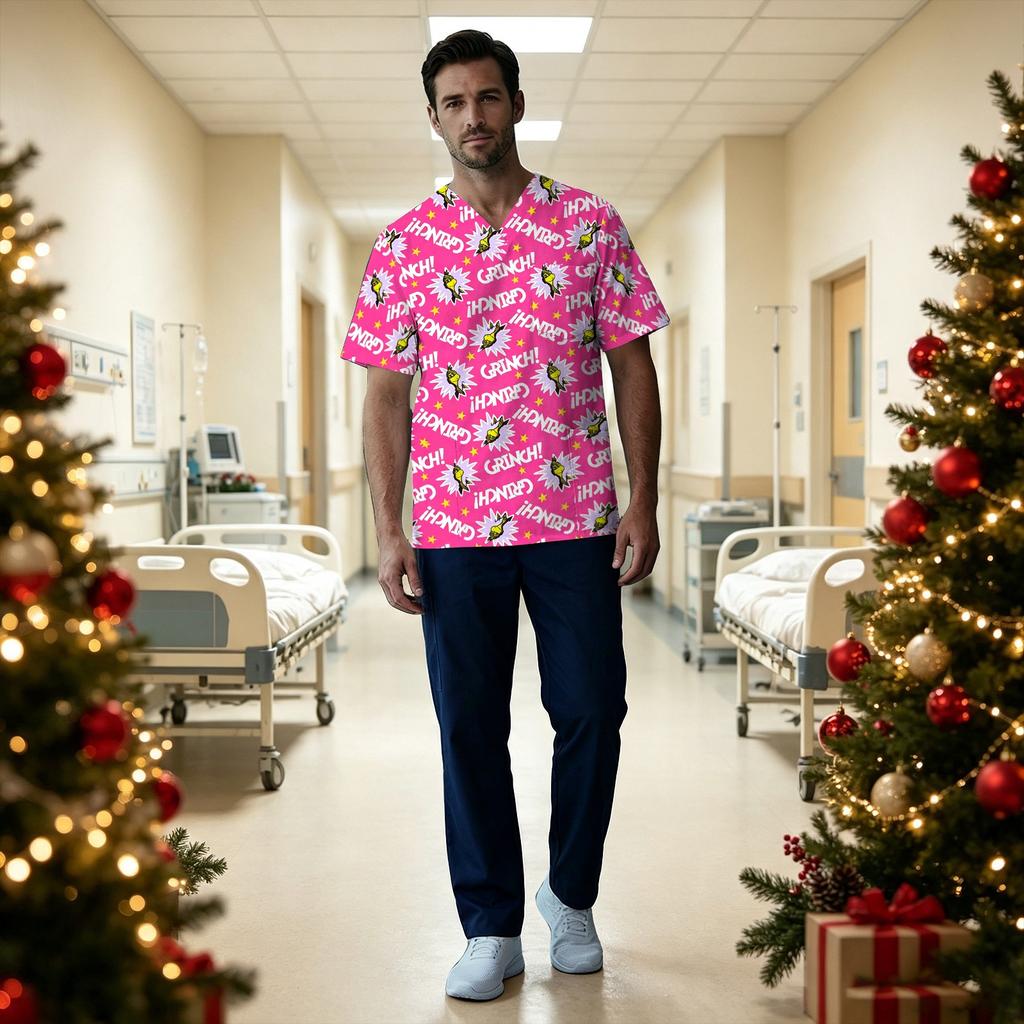 Men's Christmas Print V-Neck Short Sleeve Scrub Top with Chest Pocket
