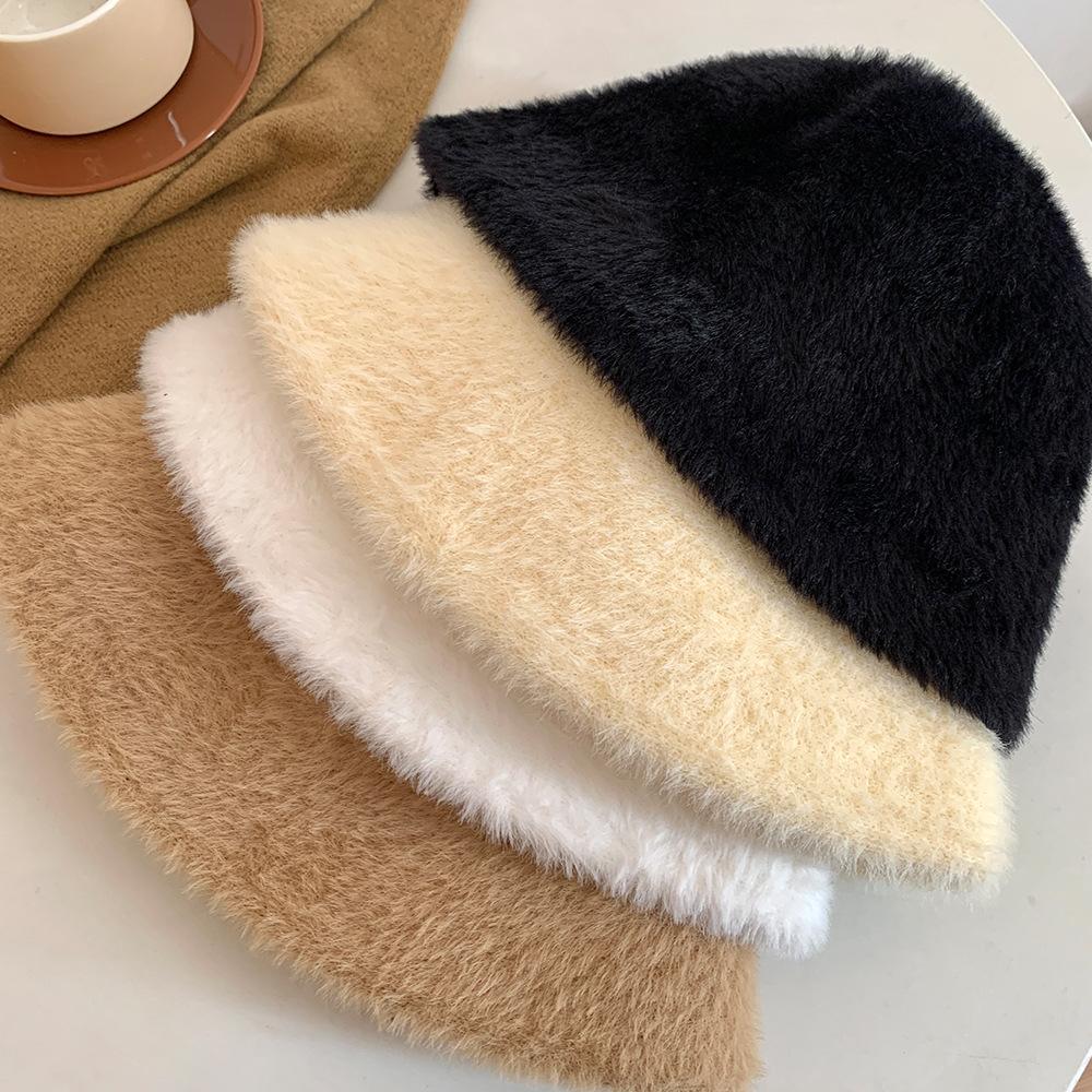 Simple white plush bucket hat women's autumn and winter face small knitted hat warm big head circumference basin hat tide