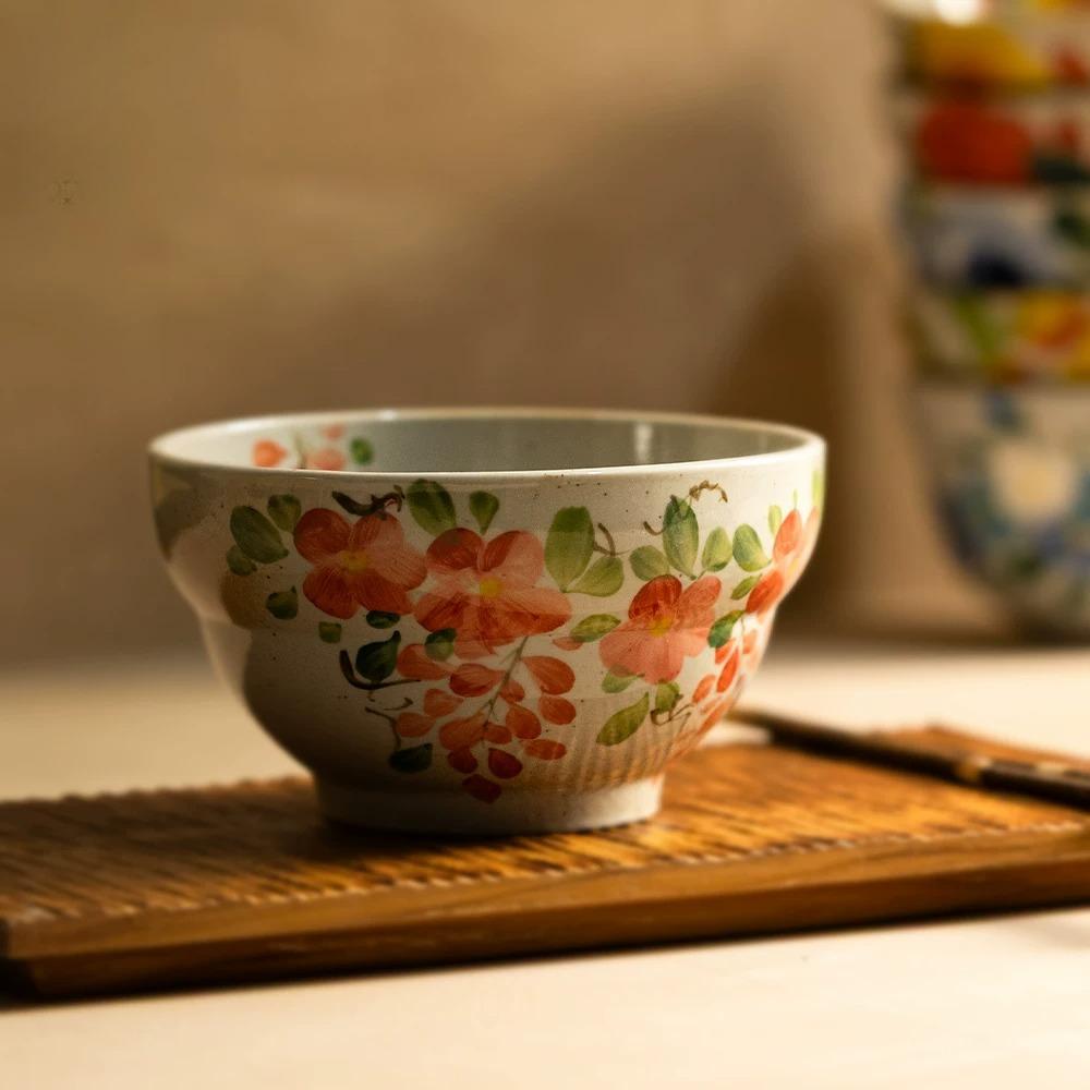 Creative Retro Pastoral Style Ceramic Bowl Hand-painted Flower Household Breakfast Bowl Soup Bowl Underglaze Color Chinese Tableware Jingdezhen