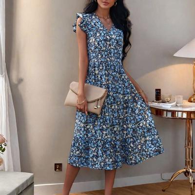 Women's Summer Floral Midi Dress Ruffle Cap Sleeve V Neck Swing Dress Casual Flowy A Line Boho Vacation Dress
