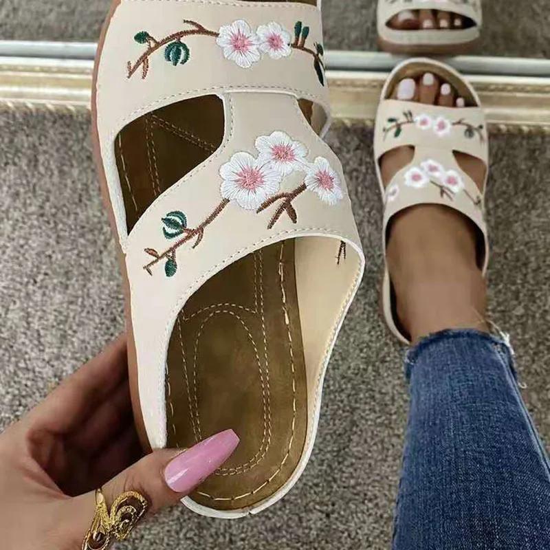 Fashion Rimocy Women's Wedges Slippers Summer 2025 Plus Size 43 Embroidery Sandals Shoes Woman Beach Casual Soft Sole Flip Flops Mujer