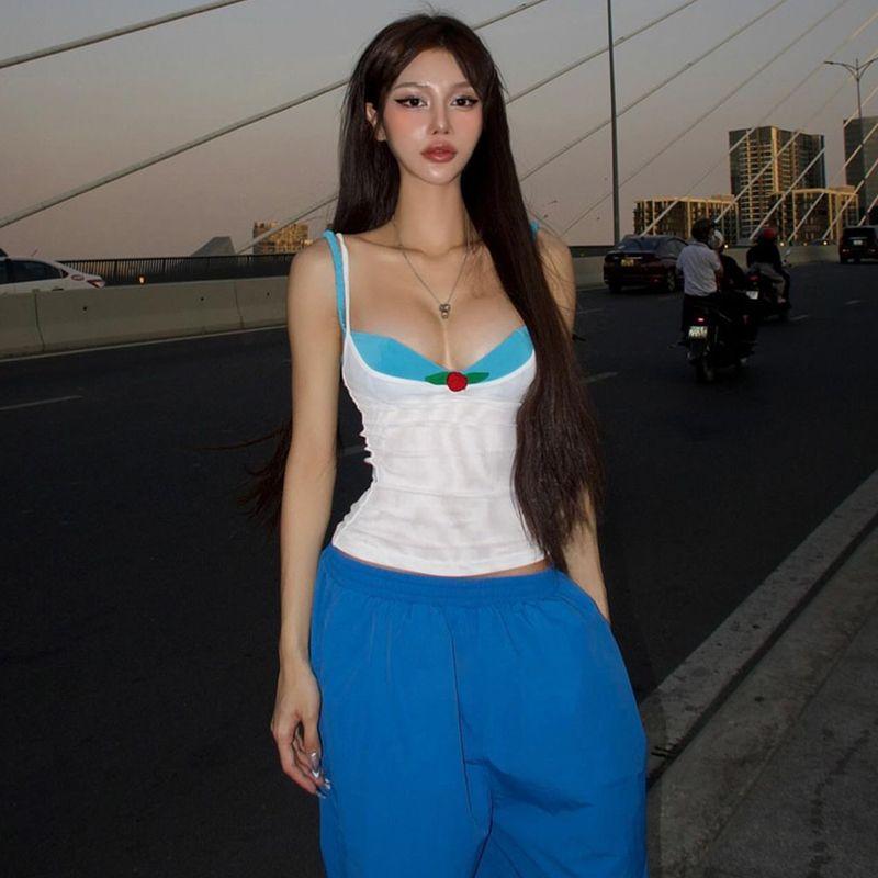 

Странный Кот Мода Трендовый Крутой Сексуальный Контрастный цвет V-образный вырез Лоскутный Подчеркивающий фигуру Топ-майка Свободные Широкие повседневные брюки Blue Tops 42884 S