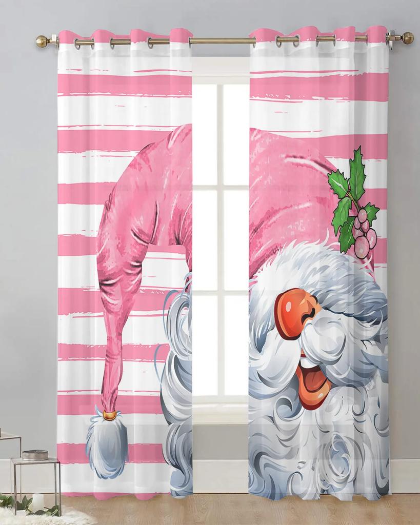 Christmas Gnomes Pink Stripes Sheer Curtains for Living Room Decoration Window Curtains Kitchen Tulle Voile Curtains