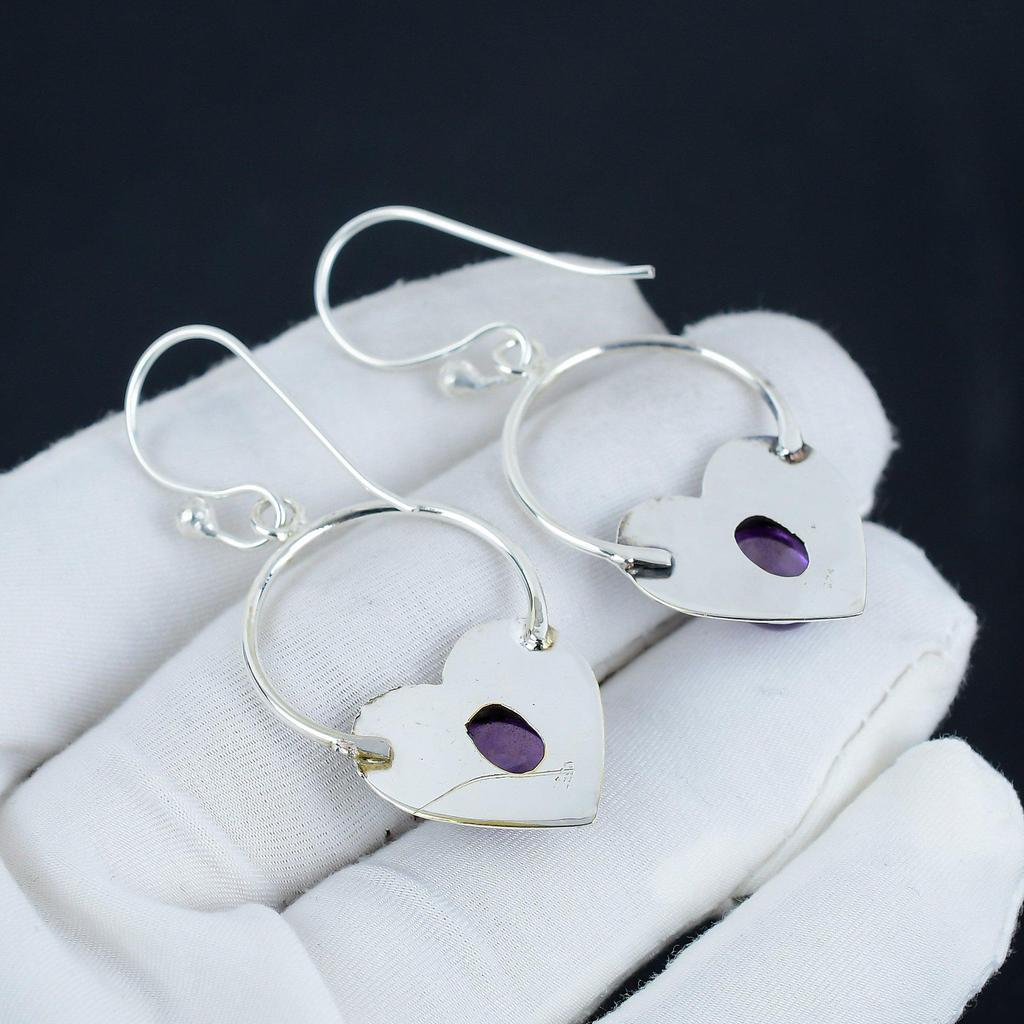 Beautiful Amethyst Gemstone Heart Shape Earrings, 925 Sterling Silver Earring, Handmade Boho Silver Jewelry Dangle Earrings, Wadding Gift