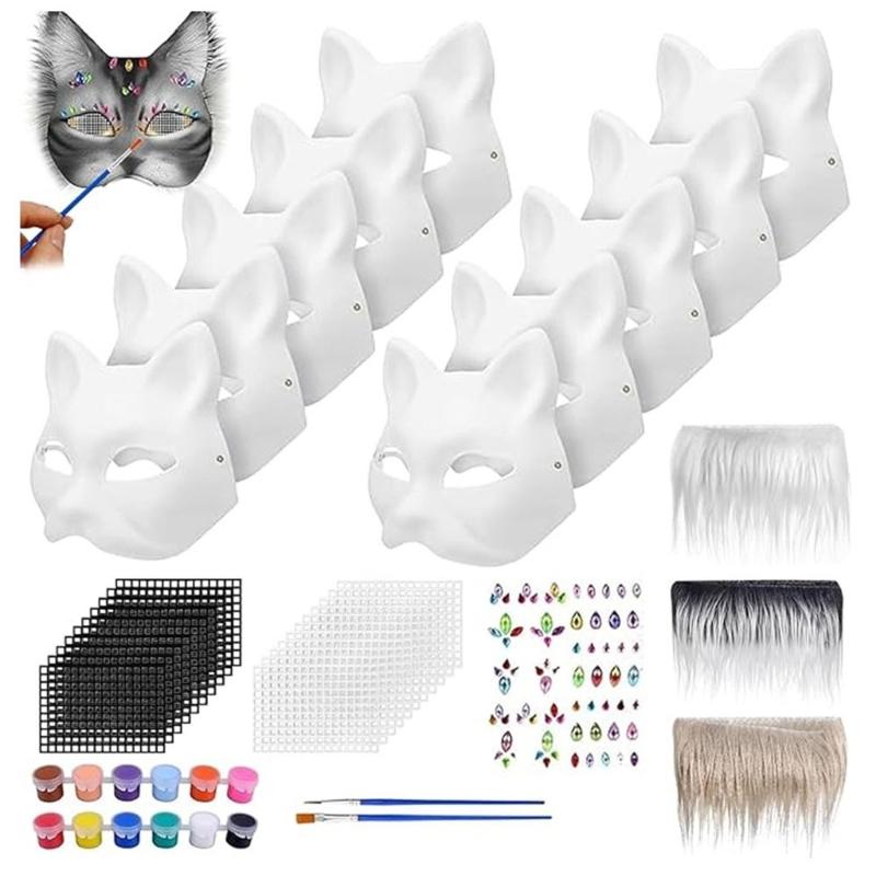 Therian Masken Set Felle, Augennetz, Filzbogen DIY Füchse Katzen Maske zum Bemalen Pelzige Tiermaske Ausrüstung für Halloween Cosplay
