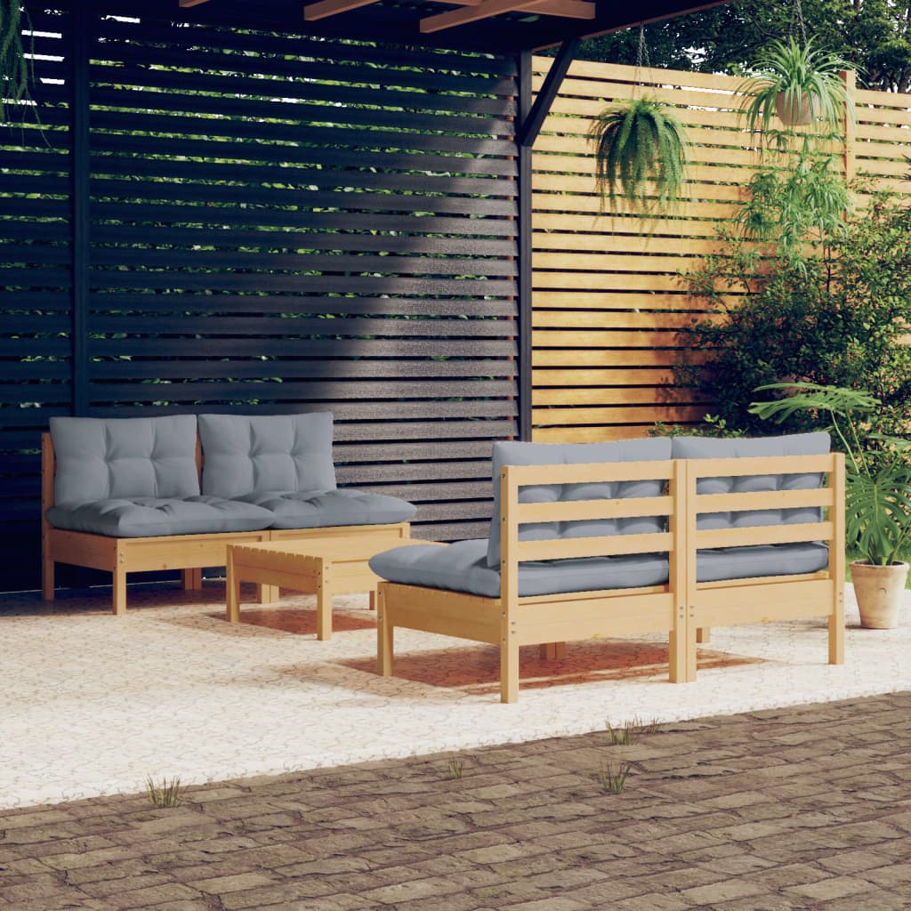 Vidaxl 5-Cz. Garden Lounge Set, Grey Cushions, Pine
