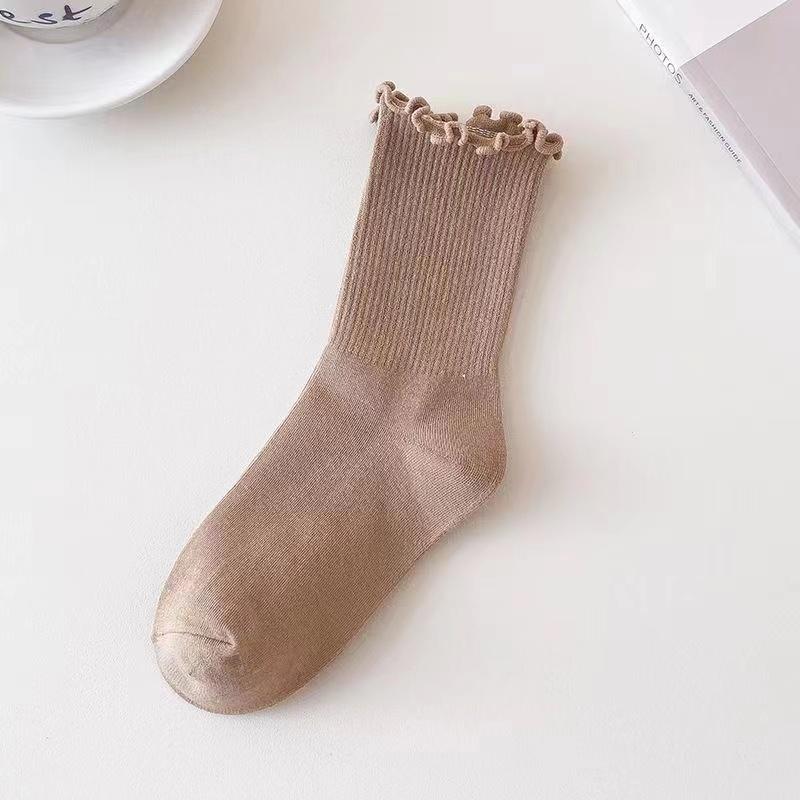 5 Pairs/Lot Ruffled Mid Length Socks Women's Breathable Solid Color Set Spring and Autumn Comfort Sweat-absorbing Girls' Socks