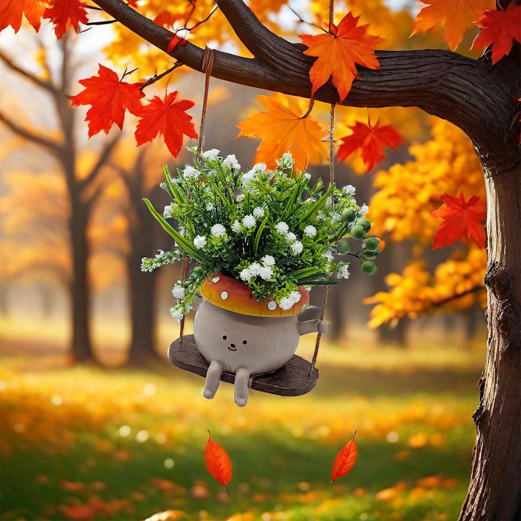 Outdoor Hanging Planter with Swing Design Garden Decoration Mushroom Pot Resin Material Durable Hanging Flowerpot for Patio Balcony Indoor Use