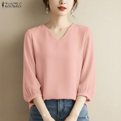 Women Casual V-Neck Solid Color 3/4 Sleeve Blouse