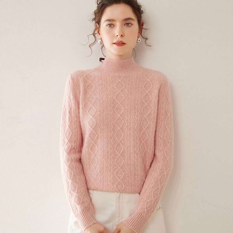 Retro Cable Knit Women's Cashmere High-Neck Pullover Sweater with Slimming Twist Pattern