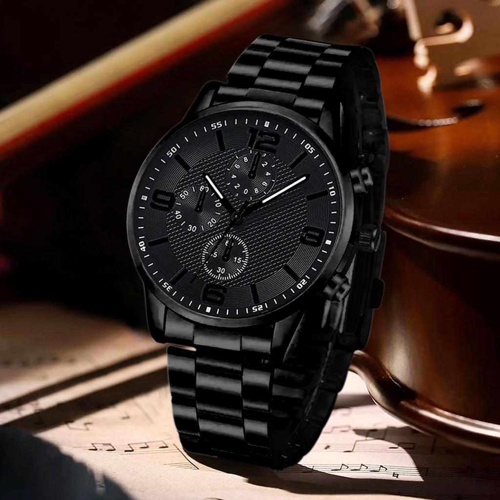 2/4PCS Black Men Watch Set Fashion Classic Three Eye Quartz Watch Jewelry Set Suitable for Daily Clothing Matching Perfect Gift