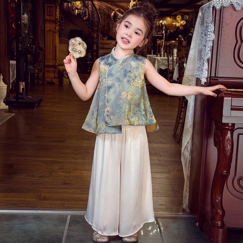 MIMIHELLO Girls' Chinese Style Sleeveless Top & Wide-Leg Pants Set