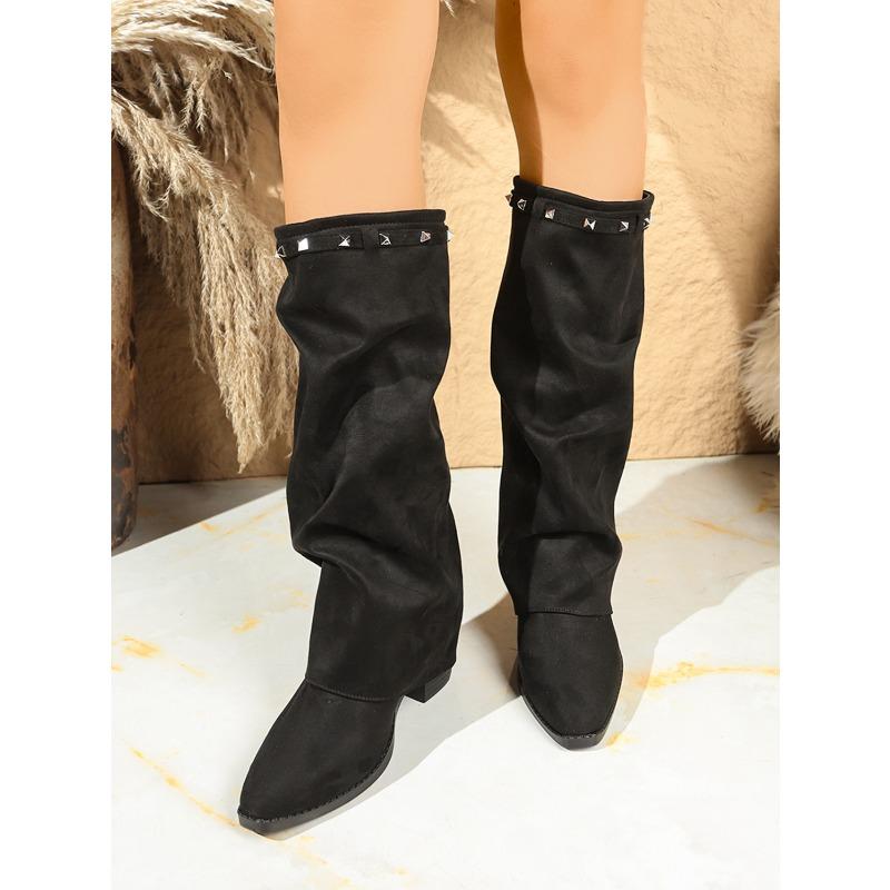 Pointed Toe Plus-size Pleated Sleeve Mid-heel Trouser Boots 2025 Winter New British-style High Boots for Women