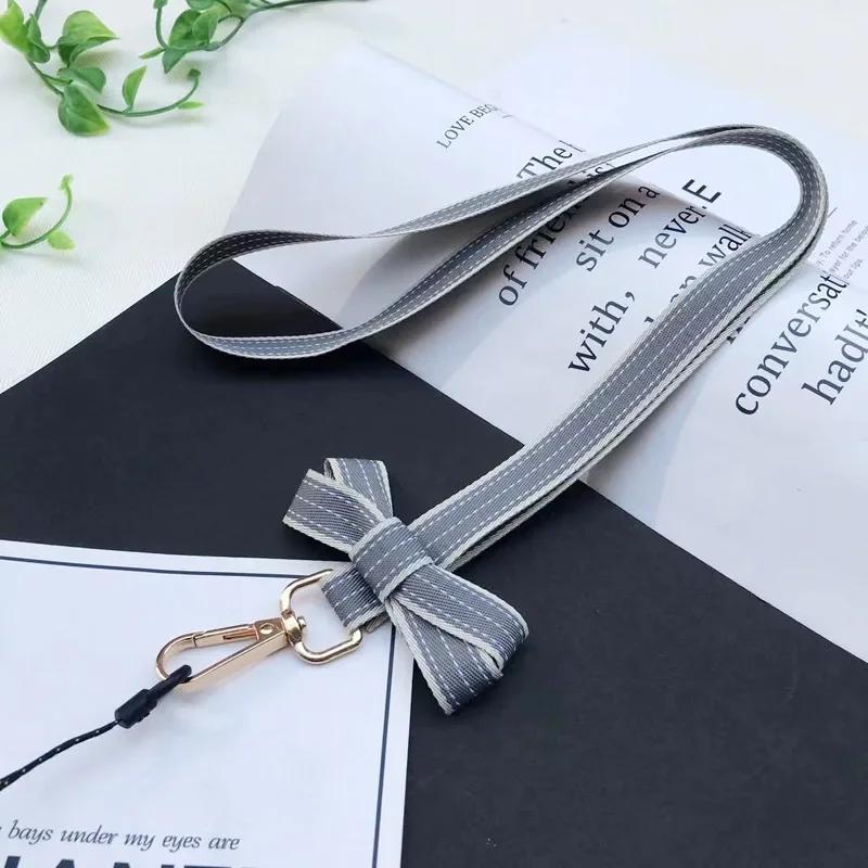 Chic Casual Striped Bow Girl Mobile Phone Lanyard Portable Mini Fan Camera Key Neck Strap Office Work ID Card Holder Rope