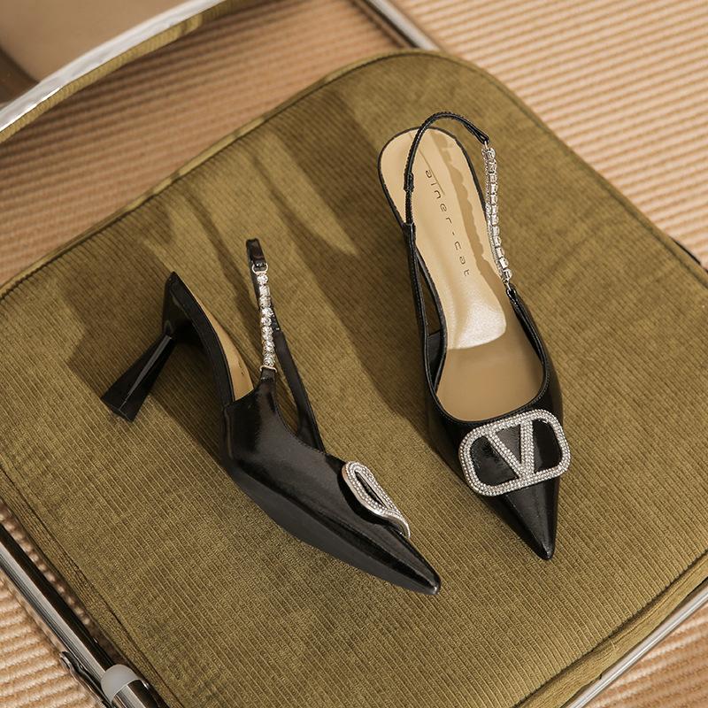 7508-1 [sheepskin] High Heels Women's Thin Heels 2025 New Temperament Rhinestone Word with Bag Head Empty Sandals