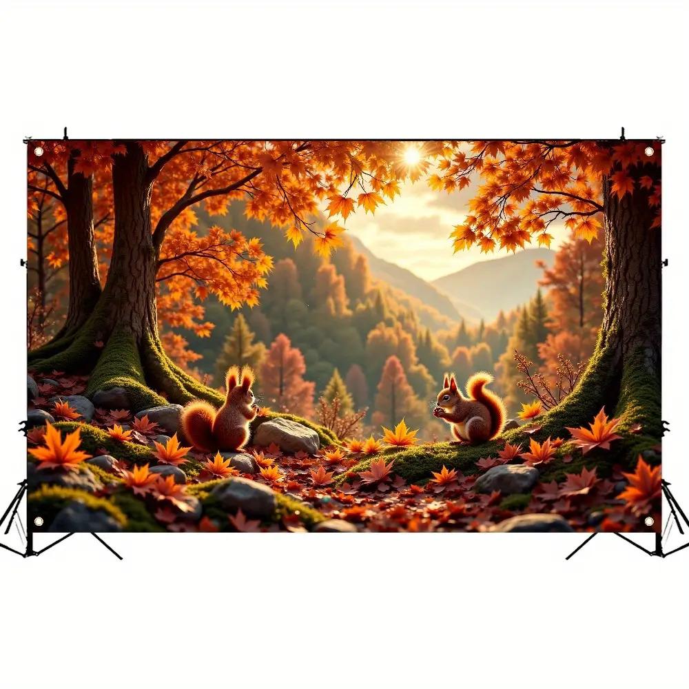 2D planar single-panel autumn welcome banner - The lively autumn theme features two squirrels and colorful leaves