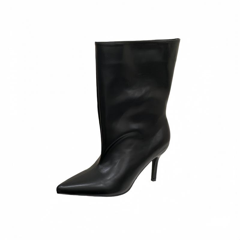 2025 foreign leather pointed high heel medium boots women's French wide tube small ankle boots knight short boots Martin boots