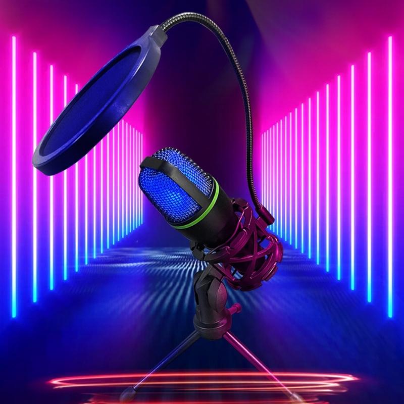 1 Set Condenser Microphone USB Gaming Mic Build-in LED Lighting for PC Laptop Gaming Singing and Recording