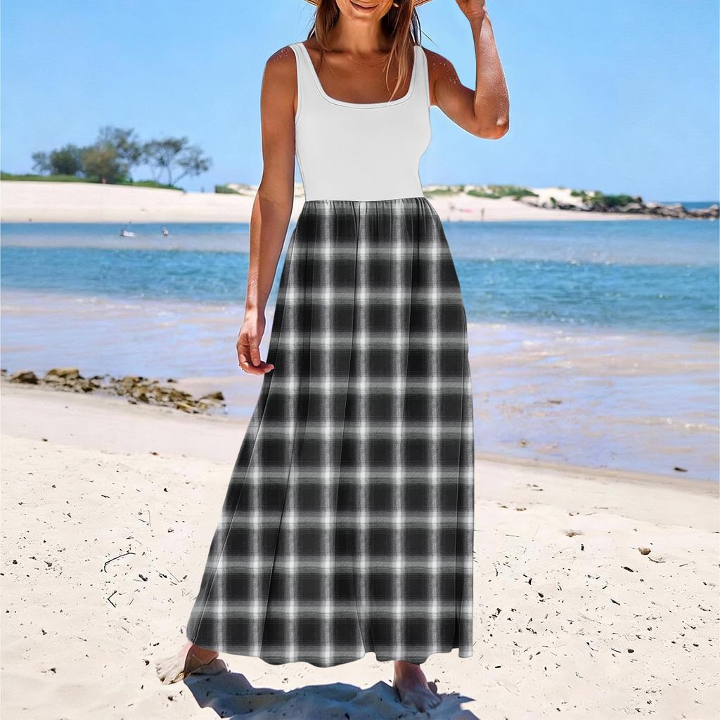 Ladies' Plaid Printed Summer Casual and Fashionable Sleeveless Long Dress