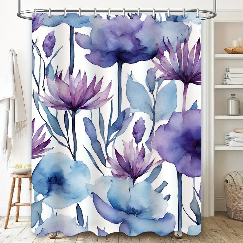 Purple Blue Watercolor Floral Shower Curtain Bathroom Decor Hanging Waterproof Shower Bath Mat Tiling Wall Stickers Home Decorat