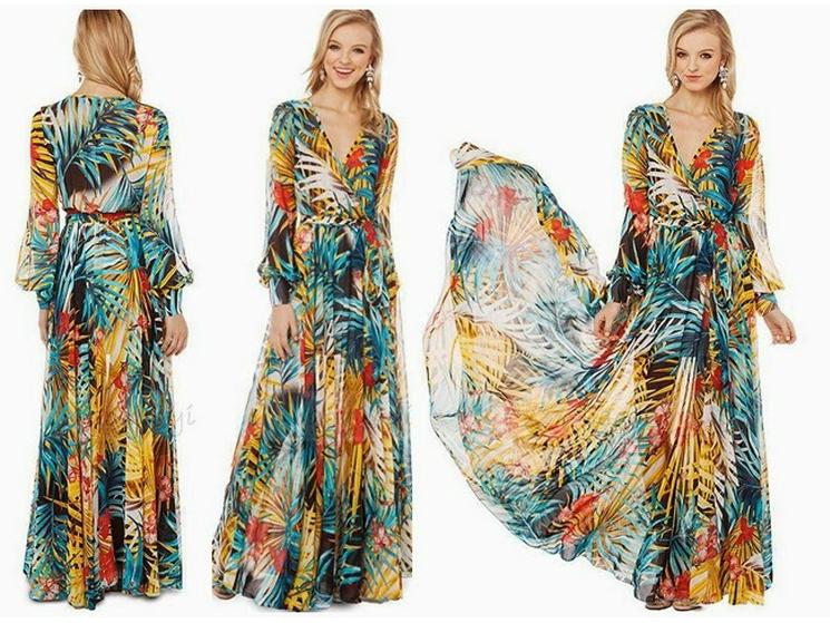 Dámské letní šifonové šaty s výstřihem do V a lucernovými rukávy se zeleným listovým vzorem