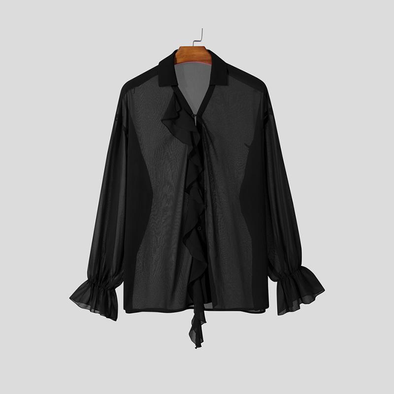 

INCERUN Мужские рубашки с V-образным вырезом и длинным рукавом, прозрачные сетчатые рубашки, топы чёрный