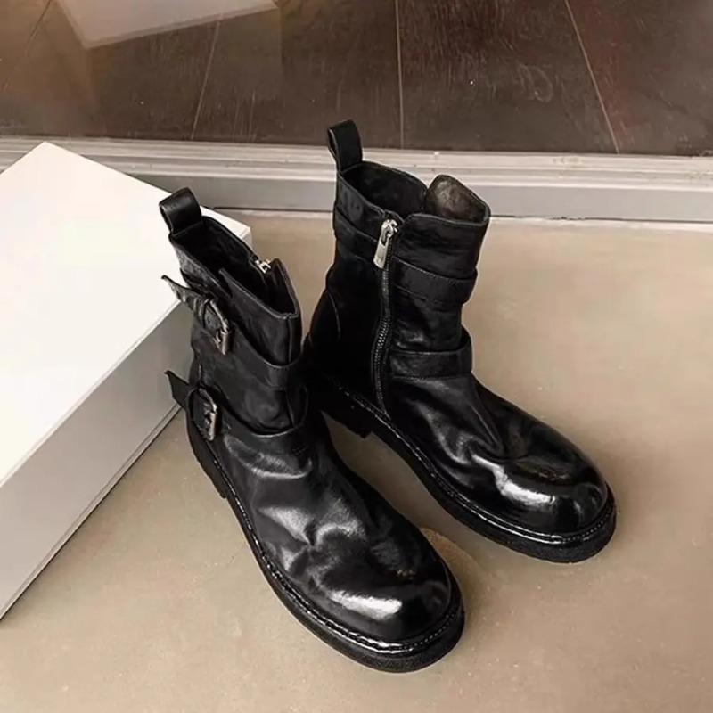 Women Plus Size 41-43 Fashionable Buckle Design Washed Cowhide Round Toe Slimming Short Boots