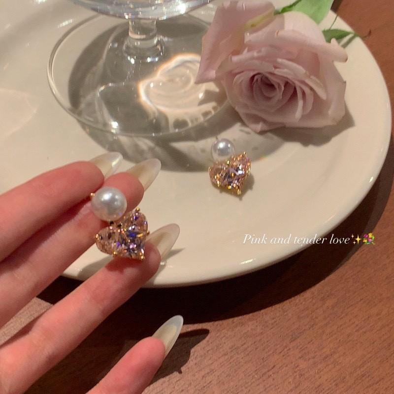 

Pink zirconium love earrings, new popular stud earrings, light luxury niche design sense, high-end earrings, women s rear hanging type