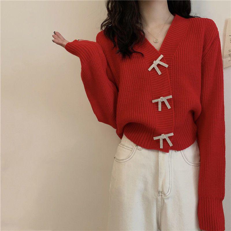 

Women s 2025 Spring Casual Knit Cardigan - Korean Style, Loose Fit, Versatile Fashion One size fits 70-120 jin красный