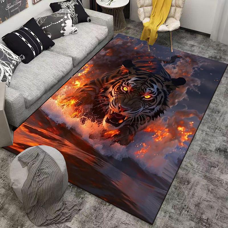 Fierce Tiger Design Carpet with Fire and Water Elements, Dark Style Suitable for Use As an Anti-slip for Living Room Bedroom Sofas
