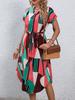Women's Resort Style Color Block Dress with Belted Waist and Short Sleeves