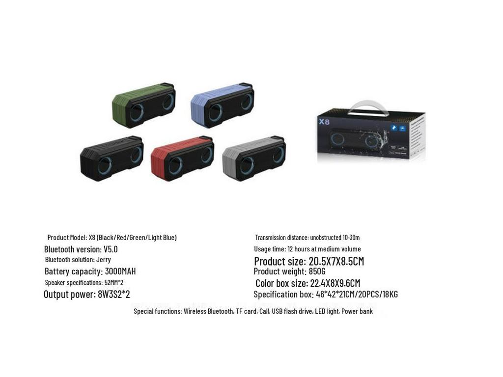 X8 Waterproof Bluetooth Speaker with Power Bank, Luminous Outdoor Subwoofer, Colorful Lights, and IPX7 Rating.