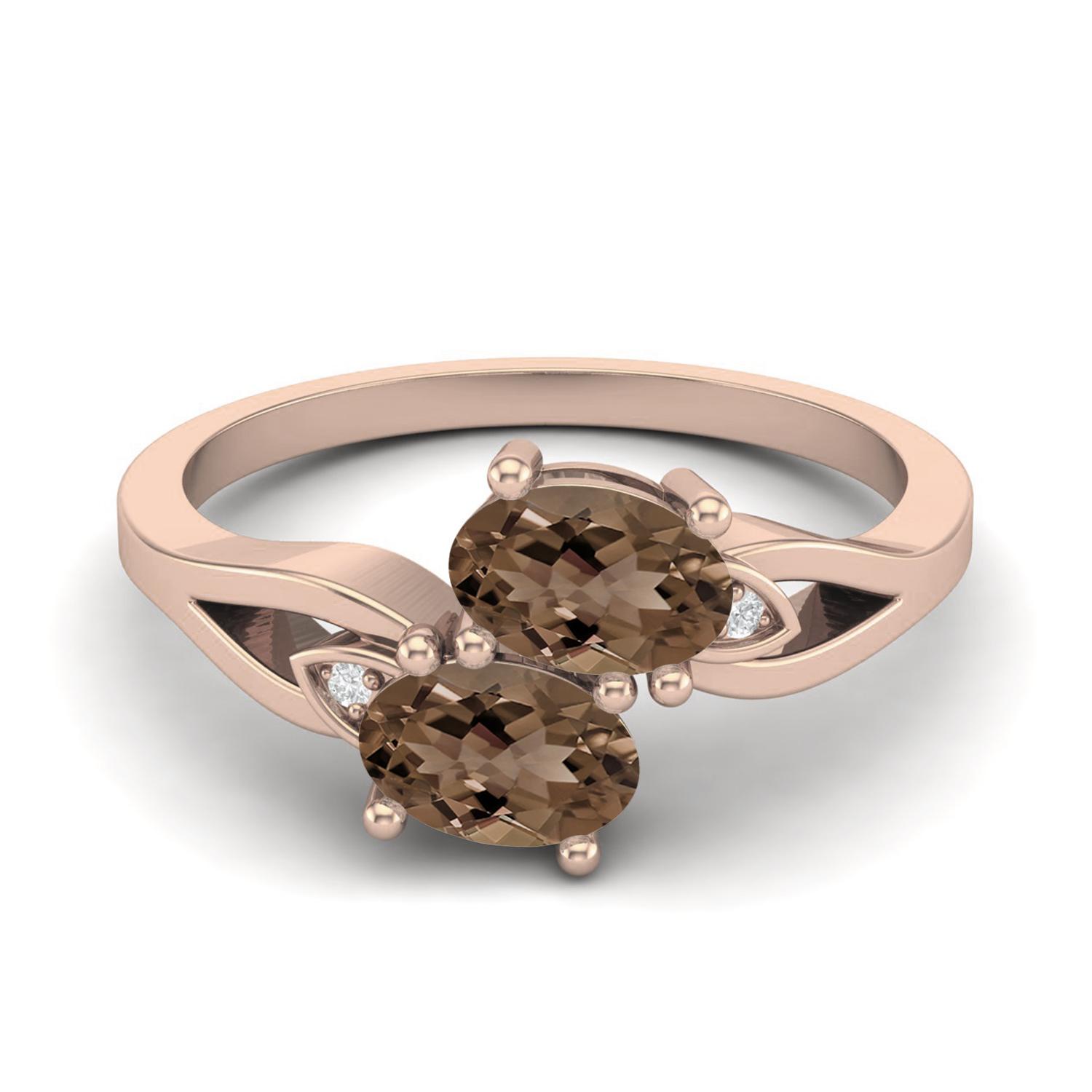 6X4mm Oval Smoky Quartz 925 Sterling Silver Rose Vermeil Dual Stone Bypass Women Engagement Ring 5