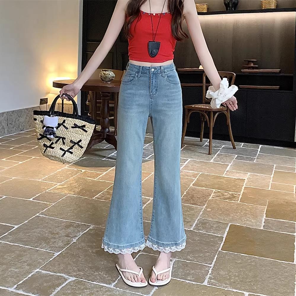 

Women s High-Waist Lace Trim Micro-Flare Jeans - Plus Size, Slimming, Nine-Point Length for Summer S синий