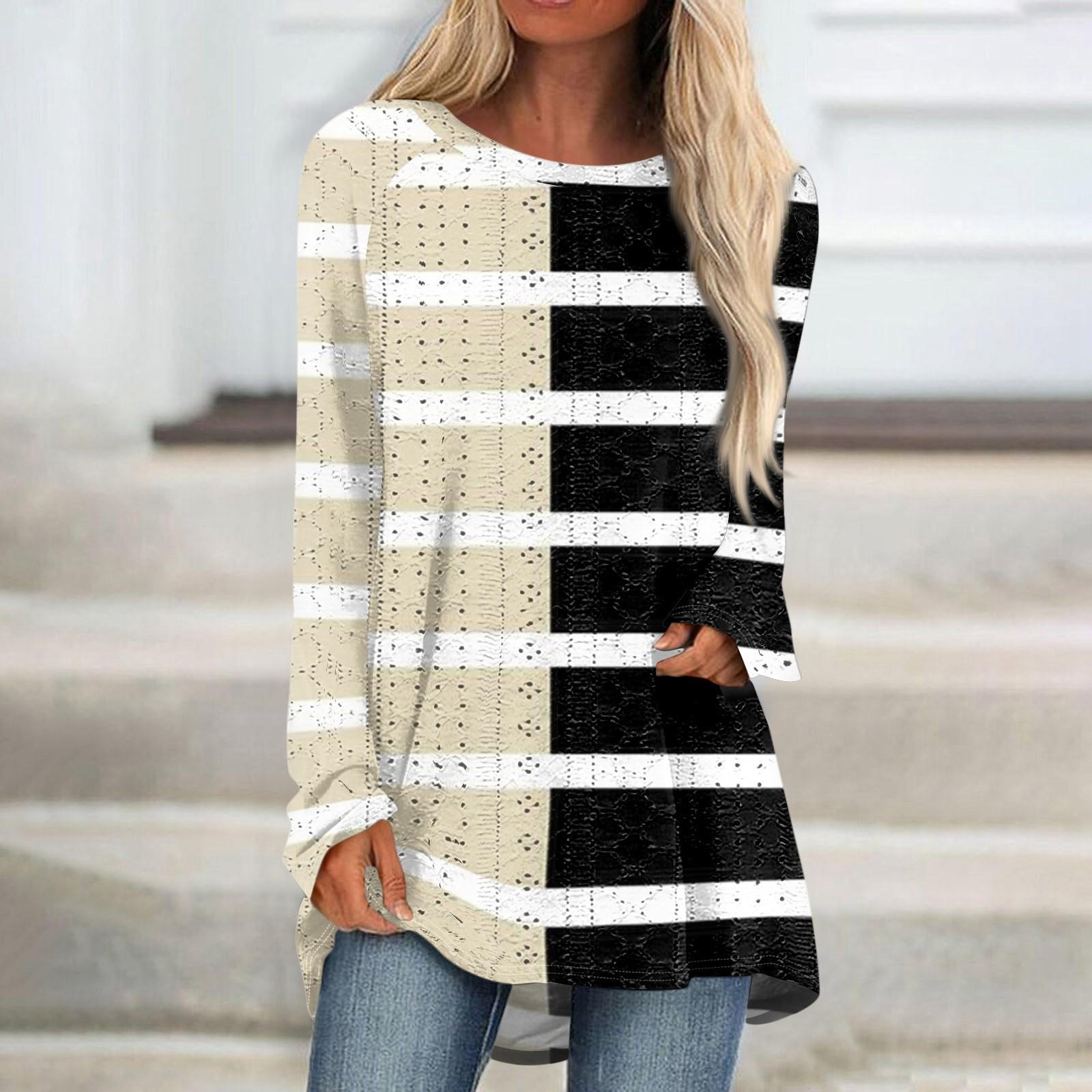 

Женские топы с круглым вырезом, блузки с длинным рукавом, повседневные рубашки средней длины, модные туники с принтом L бежевый