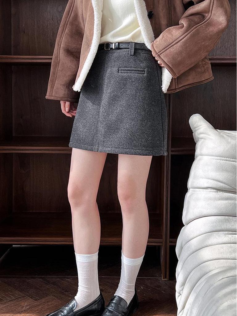 Luxi Retro High-End Wool A-Line Midi Skirt - Women's 2025 Winter Slimming Fleece-Lined Bodycon Mini Skirt