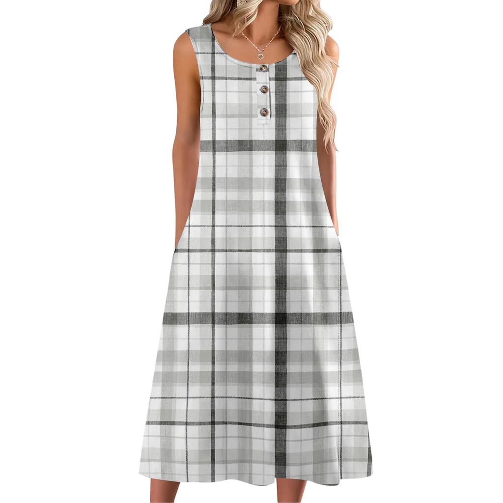 Women's Fashion Casual Sleeveless Button Plaid Print Dress with Pocket