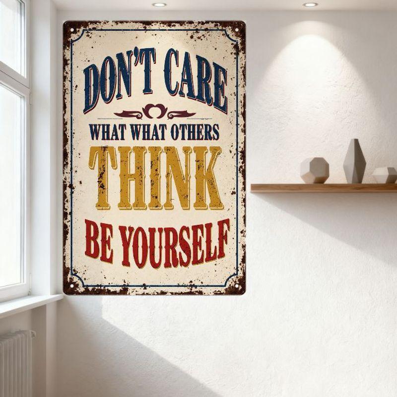 Vintage Rusty 'Don't Care What Others Think, Be Yourself' Metal Tin Sign Motivational Wall Decor for Bar Pub Home Office, Retro