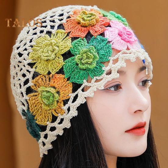 Women Hat Manual Colorful Hollow Out Knitted Flower Crochet Elastic Soft Breathable Lightweight Sunshade Soft Travel Outdoor Cap Brimless Beanie