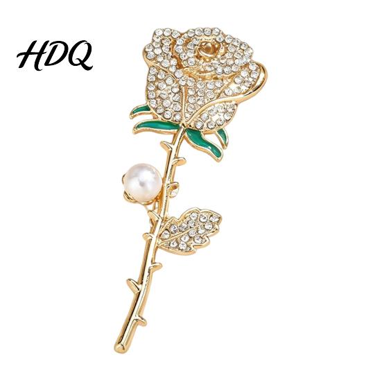 Fade Proof Rose Brooch Rhinestone with Pearl Decor Strong Buckle Pin Secure Clasp Alloy Elegant Flower Shape Pin for Coats Shirts Bags Accessories