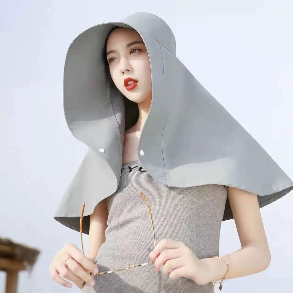 Full face sunscreen large brim shawl sun hat women's neck protector integrated UV protection bucket hat ponytail hat
