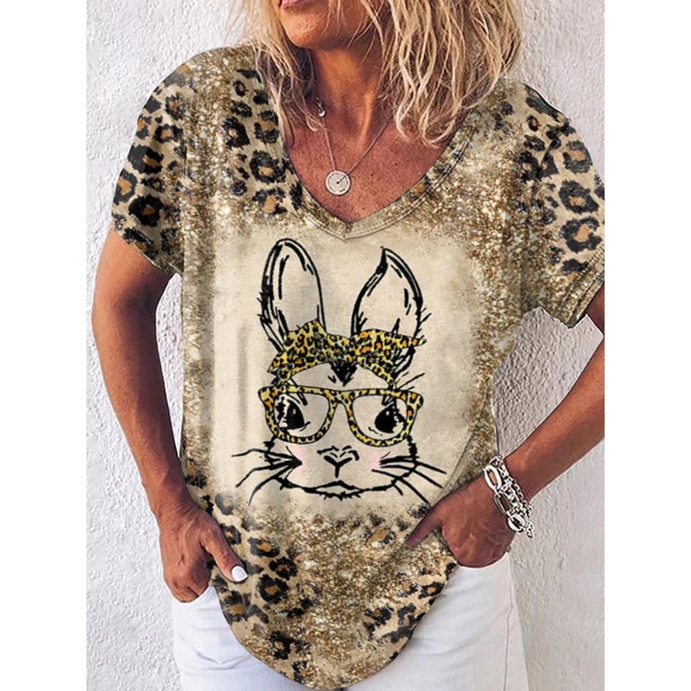 Women's Versatile Short Sleeve Fashion V-Neck Animal Print T-Shirt Casual T-Shirts Women’s