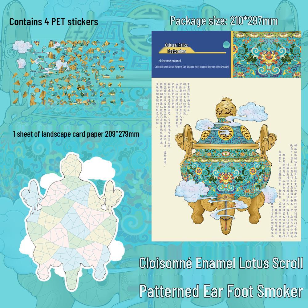 Set of 4 Large Enamel Cloisonné Scenic Incense Burner Stickers - DIY Educational Craft Decals