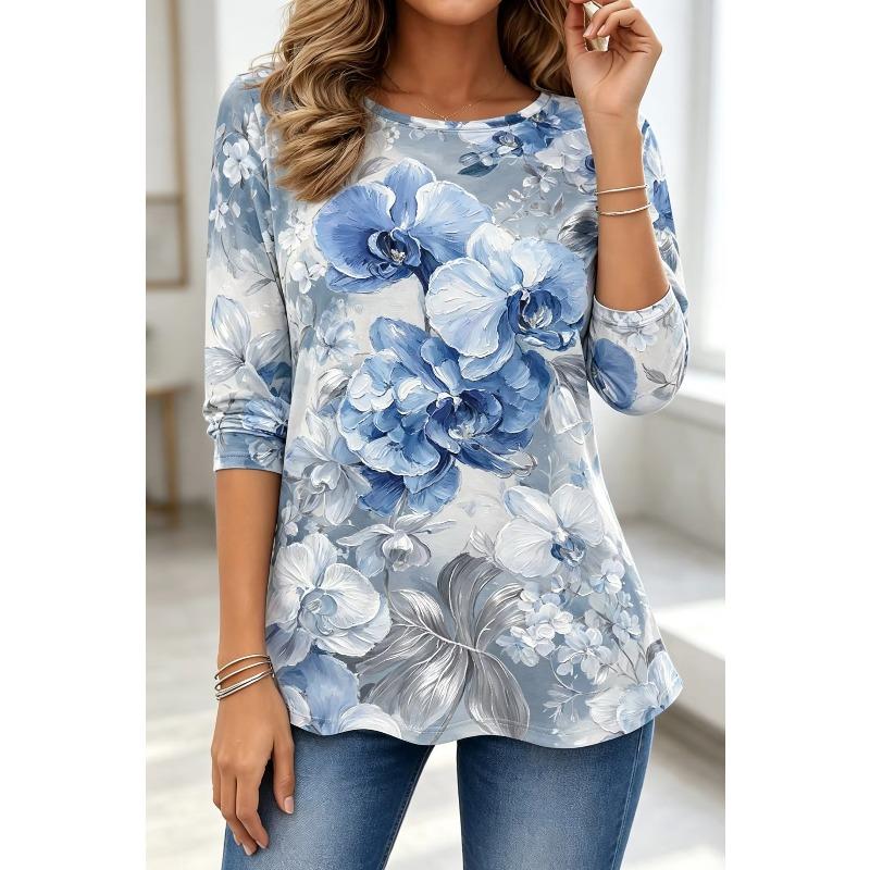 Autumn and Winter Women's Flower 3D Printing Long-sleeved T-shirt Fashionable, Versatile and Comfortable