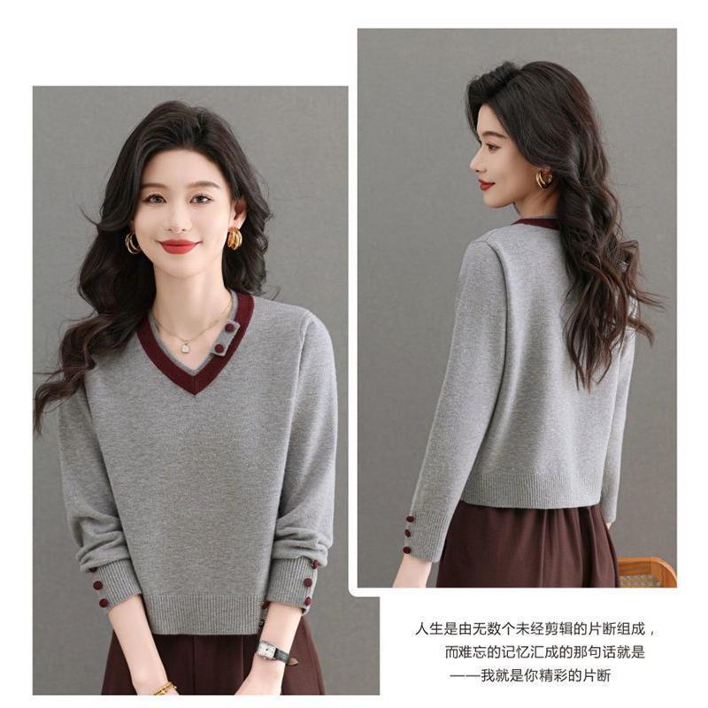 Sweater Women's Color-blocking Short Fashionable V-neck Base Shirt Top