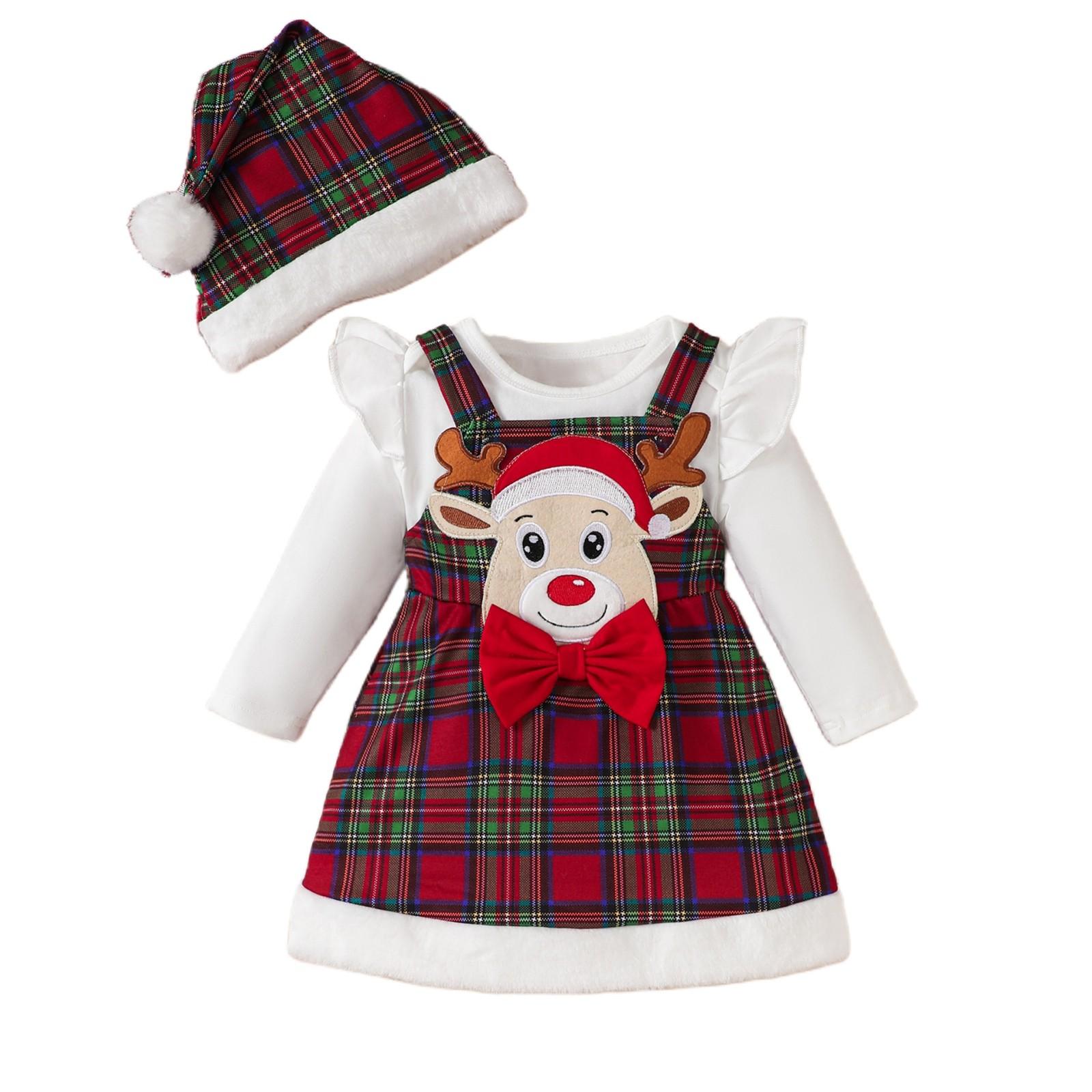 

Christmas Boy Girl And Baby Long Sleeve Cartoon Clothes Strap Skirt Hairband Three Piece Set 24