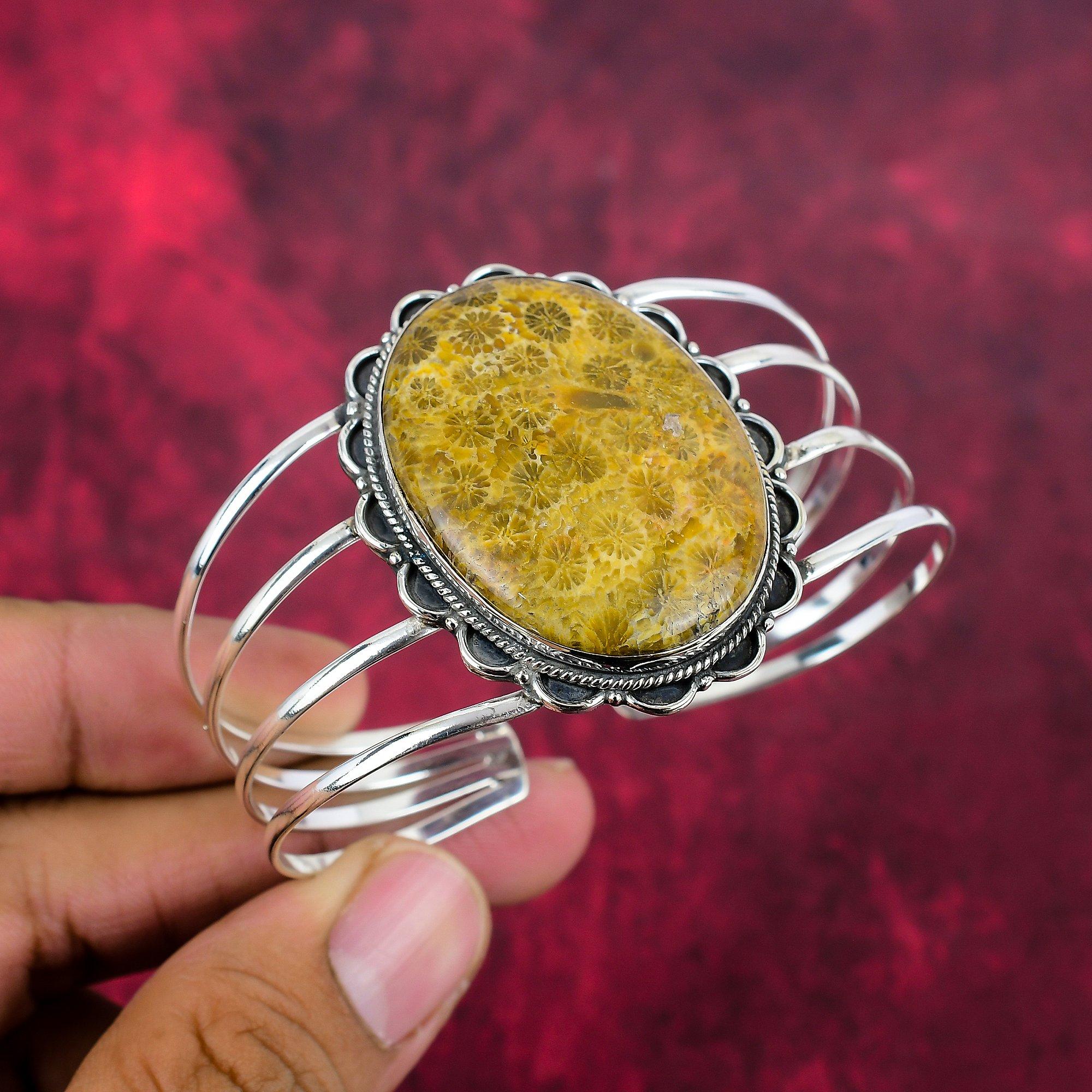 

Ювелирные изделия ручной работы из желтого ископаемого коралла с драгоценными камнями, браслет из стерлингового серебра 925 пробы с уникальным дизайном, для женщин Adjustable жёлтый