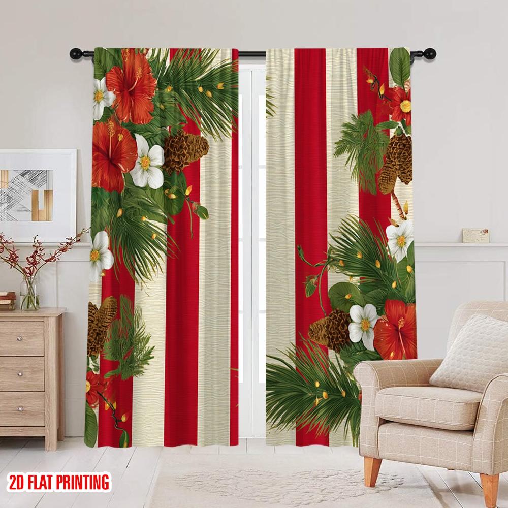 2pcs,2D plane printing Light Filtering Curtains Tropical Santa Beach Scene with Palm Trees & Ocean Versatile Polyester (without