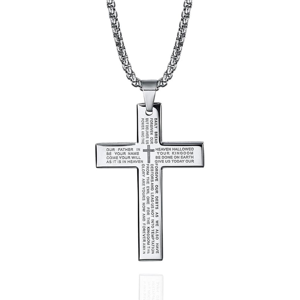 Cross Necklaces For Men,Men's Black/ Titanium Steel Cross Necklaces With Lord's Inscription,Stainless Steel Chain For Men,Religious Pendant Jewelry